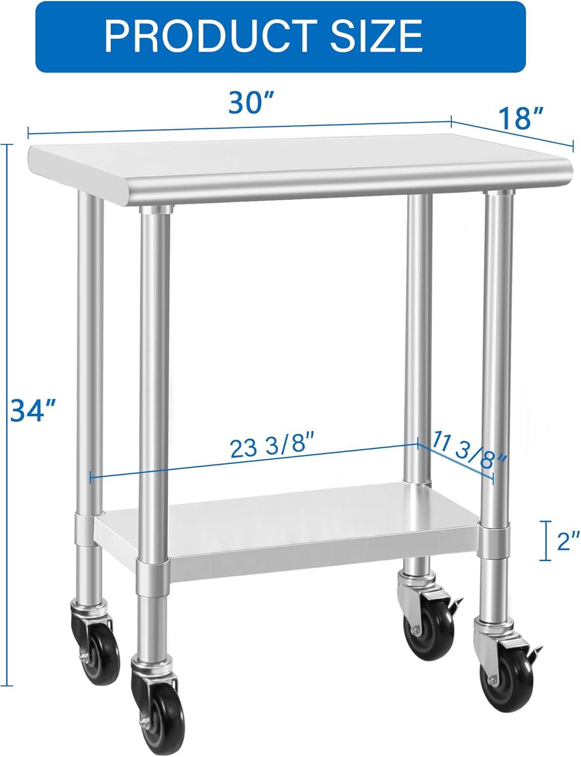 HARDURA Stainless Steel Commercial Table Prep & Work Table with Casters Heavy Duty Metal Table with Wheels NSF 430 18×30 Inches