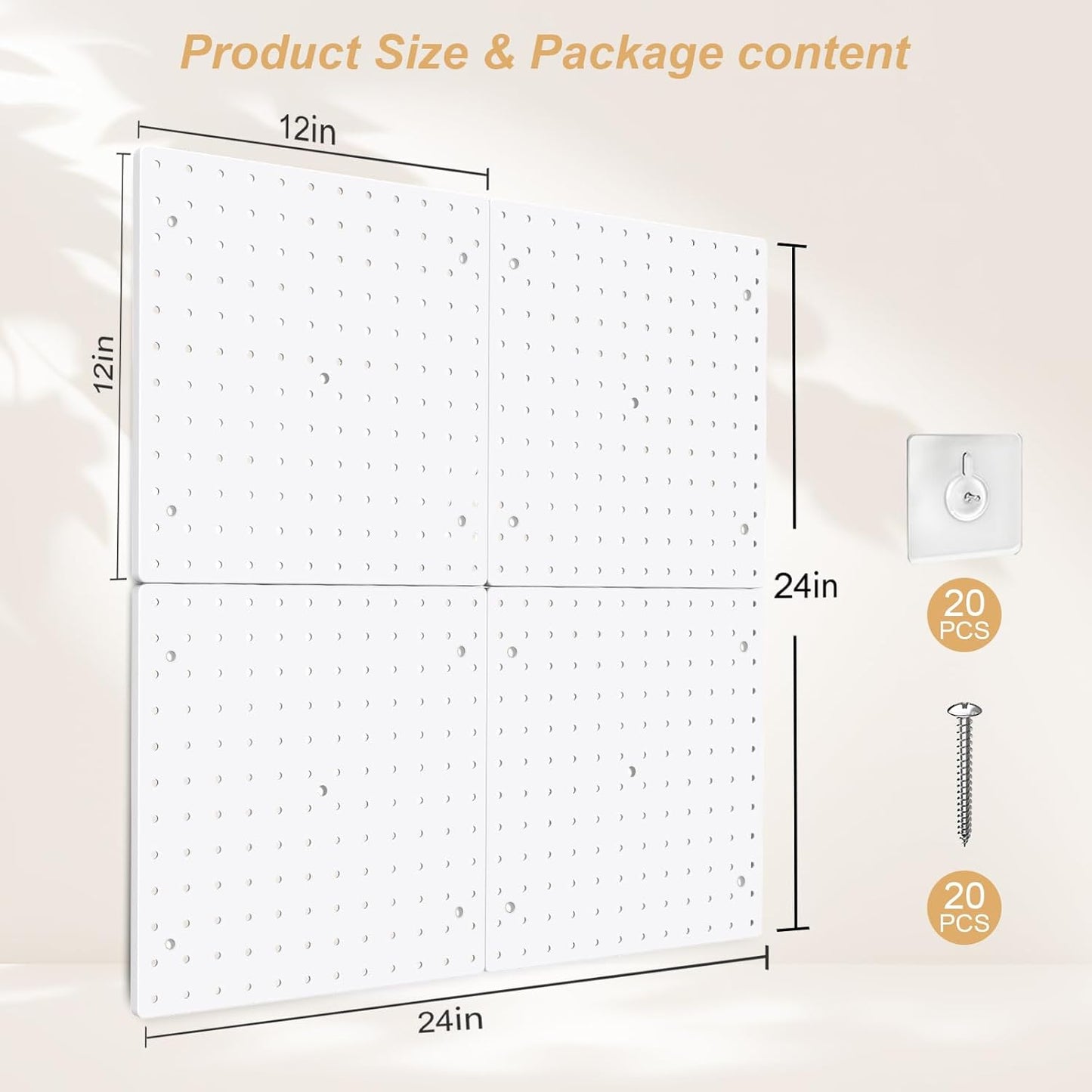 Peg Board,4 Pack Plastic Pegboard, Pegboard Wall Organizer,White Pegboard,ABS Pegboard,No Drilling Required,24x24inch,Suitable for Craft Room Office Garage Kitchen
