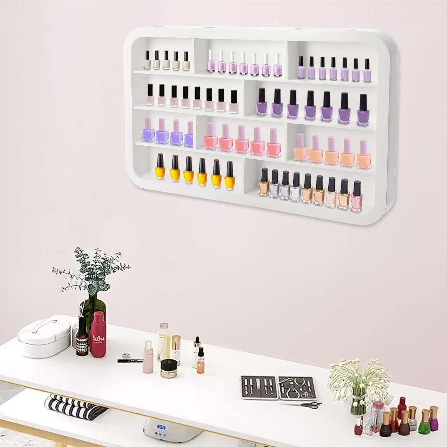 Wall Mounted Nail Polish Racks 4 Tier Hanging Nail Polish Storage Holder Cosmetic Display Stand Nail Polish Shelf Organizer for Home Salon Business Spa