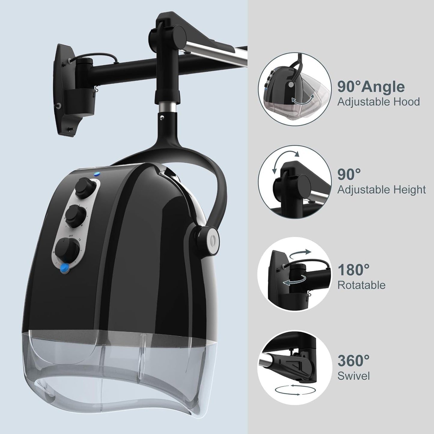 SyyBhb Wall Mount Hooded Salon Hair Dryer, Professional Ionic Hair Color Processor, Temperature & Drying Adjustable, 60-Minute Timing, 52" Extendable Arm, 25lbs Installed on Load Bearing Wall