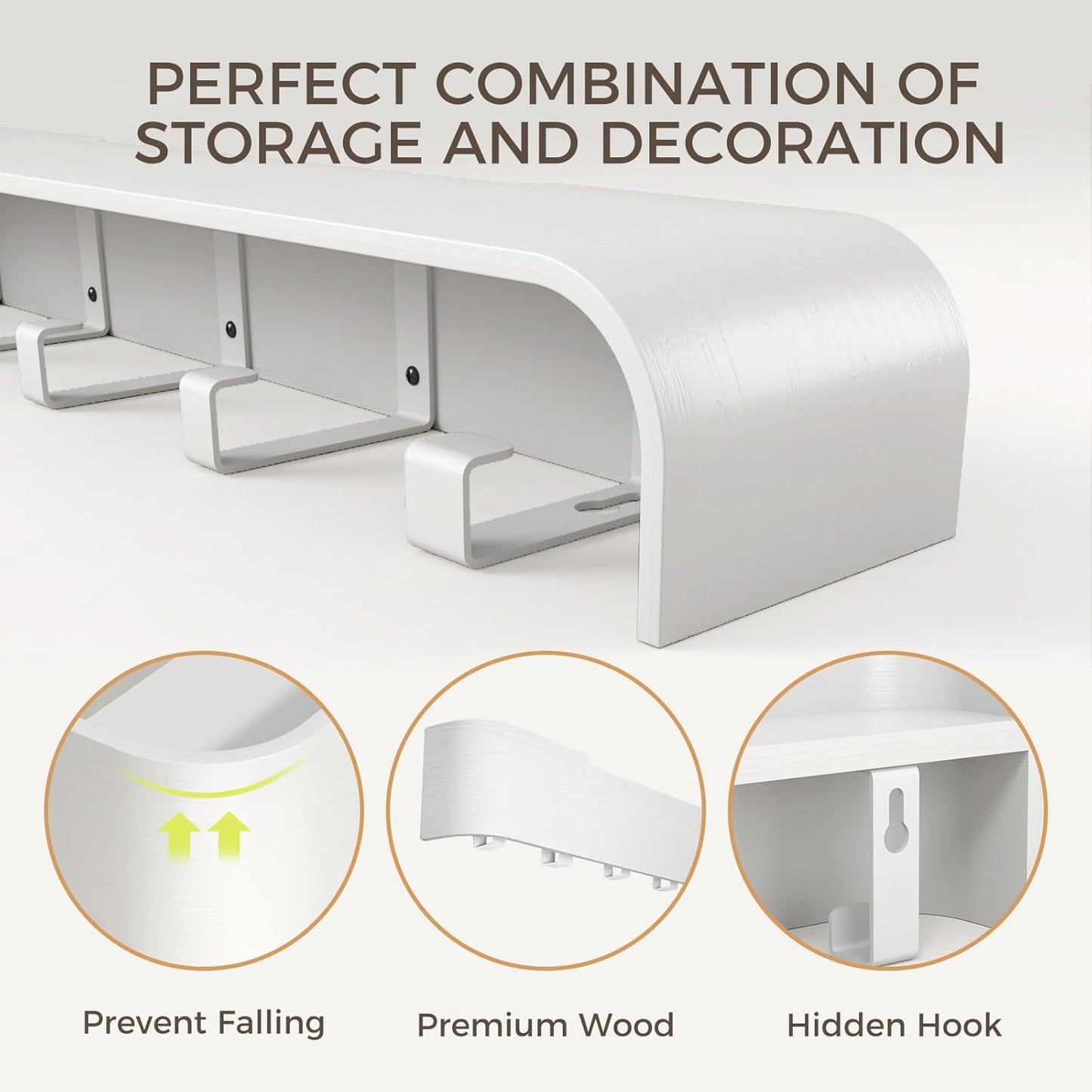 Wall Coat Rack Floating Shelves Modern Coat Rack Wall Mount with Storage Entryway Shelf Wooden Hanger 20 Inch 4 Hidden Metal Hooks for Living Room Bedroom (White, 8 Hooks)
