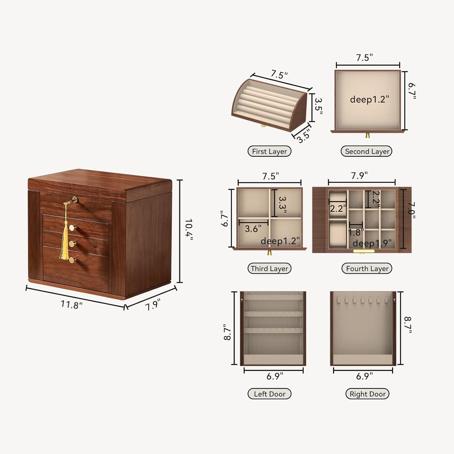 Black Walnut Wooden Jewelry Box, Wood Jewelry Organizer with 2 Side Doors Mirror Lockable Classical for Watch Necklace Ring Earring Storage Christmas Gifts-4 Layer with Curved Ring Grooves