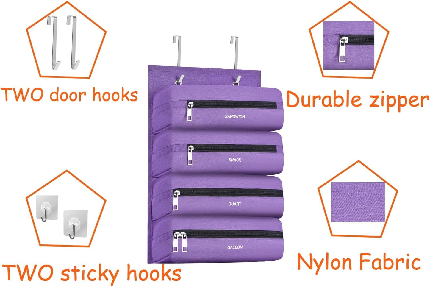 Zipper Bag Organizer Compatible with Gallon, Quart, Sandwich & Snack Food Storage Bag, Kitchen Plastic Bag Storage Organizer for Kitchen RV Camper (Purple)
