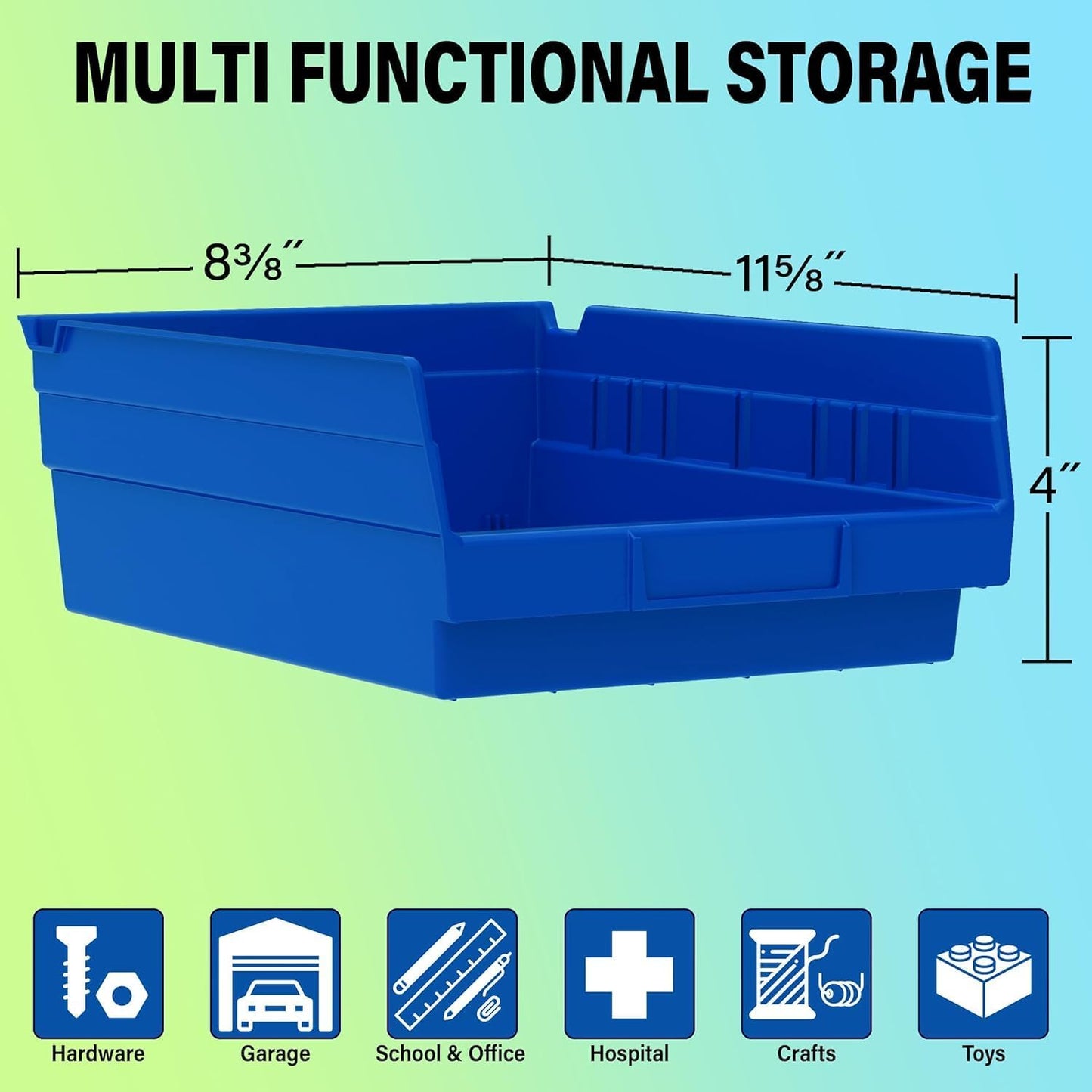 Akro-Mils 30150 Plastic Shelf Bins, Heavy Duty Storage Bins for Garage, Closet, and Drawer Organization, 12" x 8" x 4", Blue, 12-Pack
