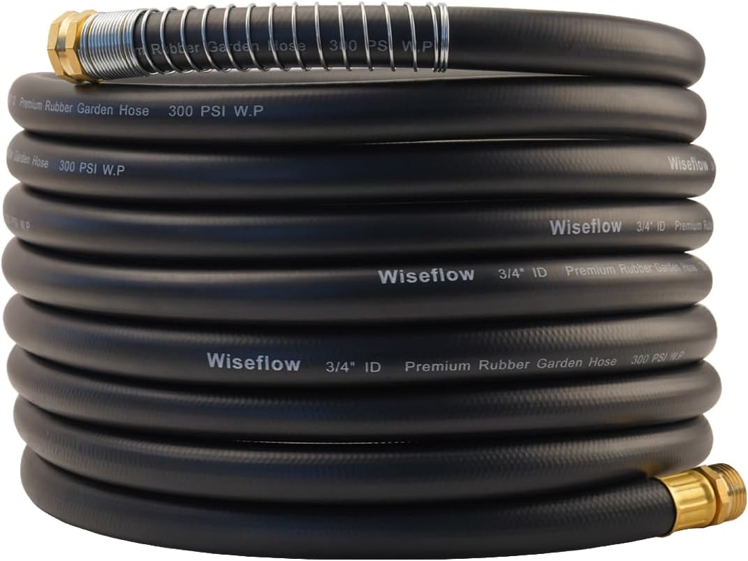 WiseFlow Garden Hose 25FT x 3/4", Heavy Duty Rubber Hose, Water Hose with Five Layered Braiding, Male Female Fittings, 1000PSI Burst, 300PSI Working (Black)