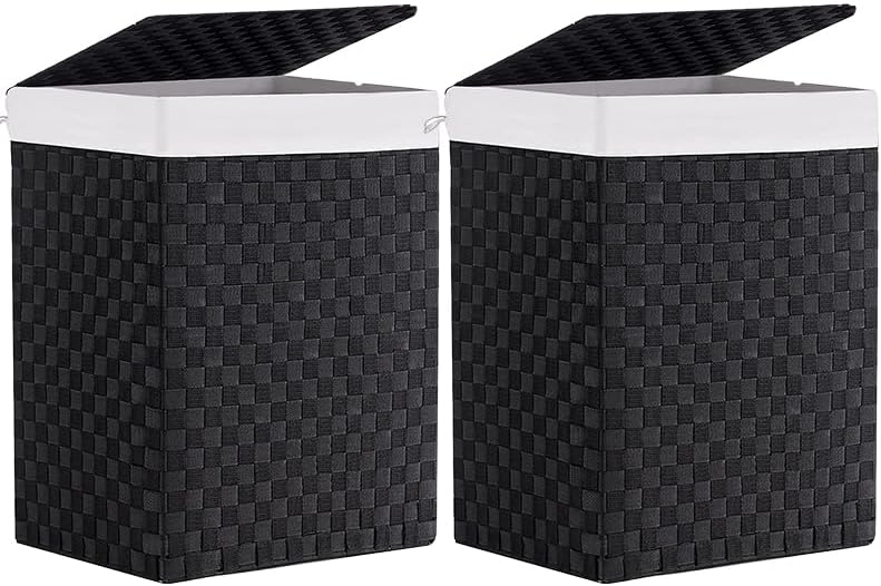 Foldable Laundry Hamper Basket with Lid by Fiona's magic, Handwoven 96L Large Clothes Hamper with Removable Liner Bags, Collapsible Tall Hamper for Bedroom, Bathroom and Dorm Organizer, 2Pack, Black