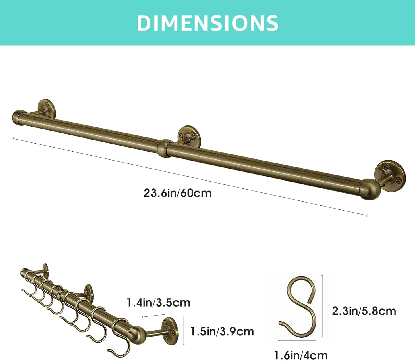 ROTHLEY Stainless Steel Hanging Pot Rack Hanger: 23.7 Inch Pot and Pan Hanger Wall Mounted Hanging Pot Bar Rack Heavy Duty Pot Hangers Kitchen Rail with 8 S Hooks (Antique Brass)