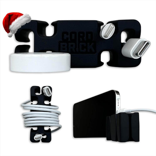 CordBrick Stocking Stuffers for Adults Cord Management Weighted Cord Holder Cable Wrap Phone Stand - Multiuse Gadget Organizer for Nightstand, Desk. Gift for Men, Durable Silicone. Black