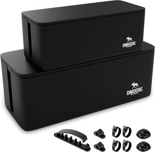 DMoose Cable Management Box - 2 Pack Medium & Large Cord Organizer for Desk & Floor, Cable Organizer Box for Child & Pet - Cable Box Hider for Tidy Office & Home, Power Strip Cover (Black - Pack of 2)
