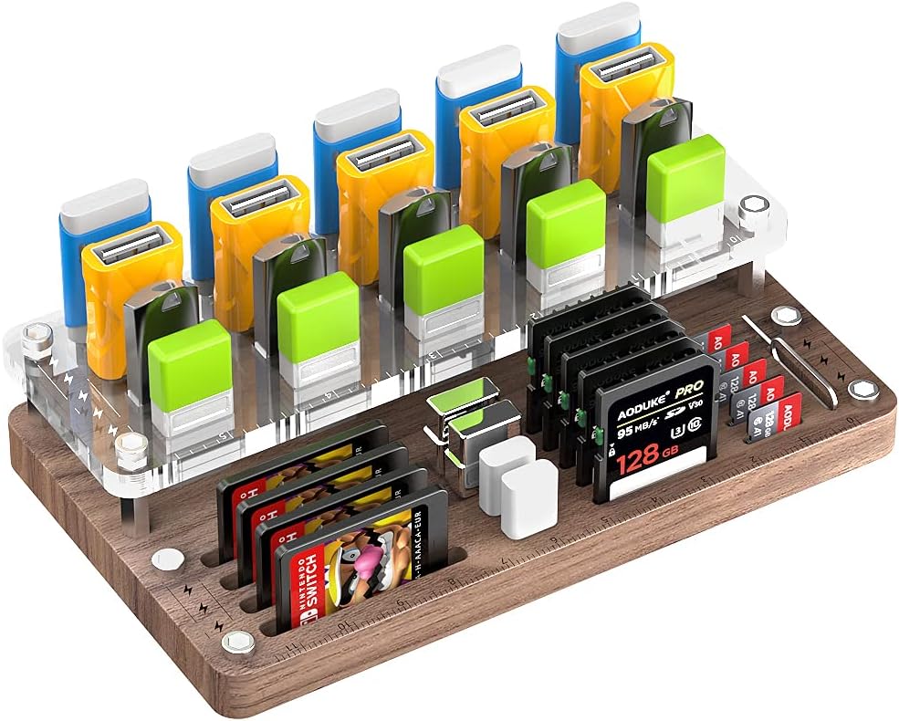 Wooden Memory Card Case for TF, SD, Micro SD Cards and USB Drives - Desk Holder and Carrying Case - AJSNH03MY