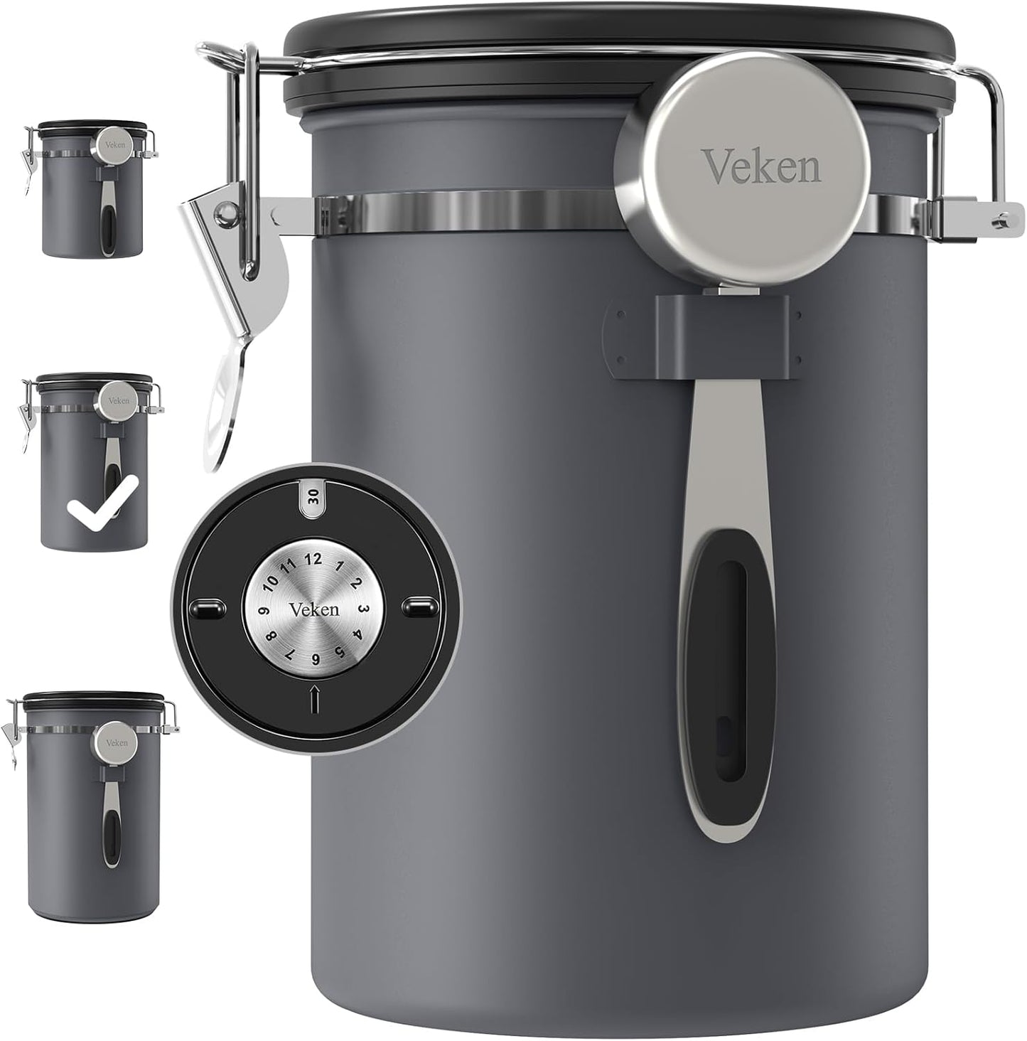 Veken Coffee Canister, Airtight Stainless Steel Kitchen Food Storage Container with Date Tracker and Scoop for Grounds Coffee, Beans, Tea, Flour, Cereal, Sugar, 22OZ, Gray