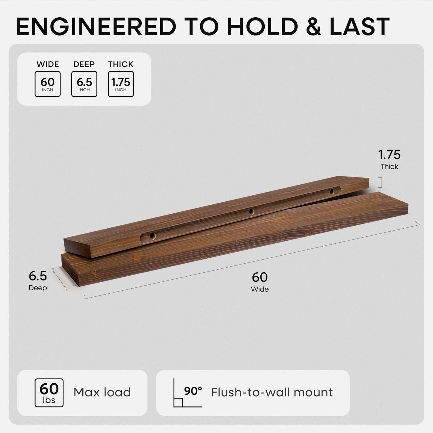 Homeforia Classic Walnut 60 inch Floating Shelf, High End Solid Real Wood Small 60inch Floating Shelves for Wall Mounted, 60in Floating Shelves, Heavy Duty Bracket, 60 X 6.5 X 1.75 inches, Set of 3