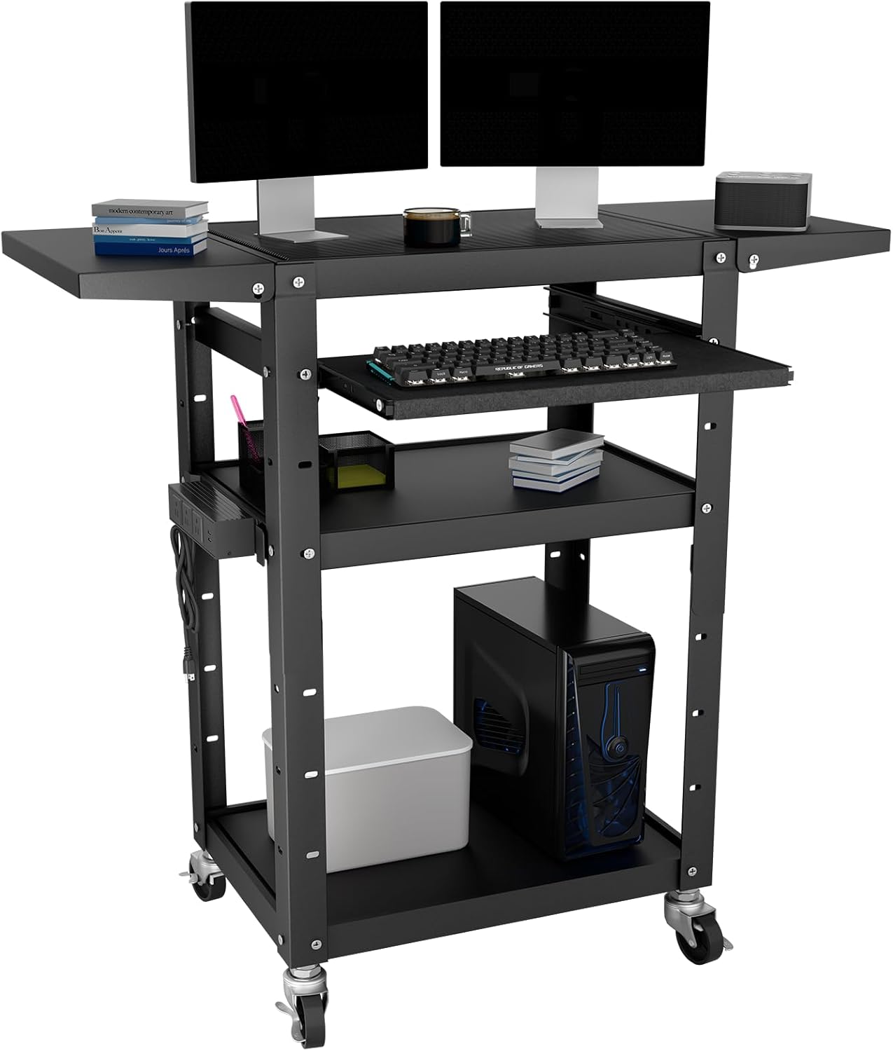 Mobile AV Cart with Pullout Keyboard Tray, Rolling Computer Cart Height Adjustable Rolling Media Utility Cart with 4 Wheels, 4 Outlets, Perfect for Home or Office Us