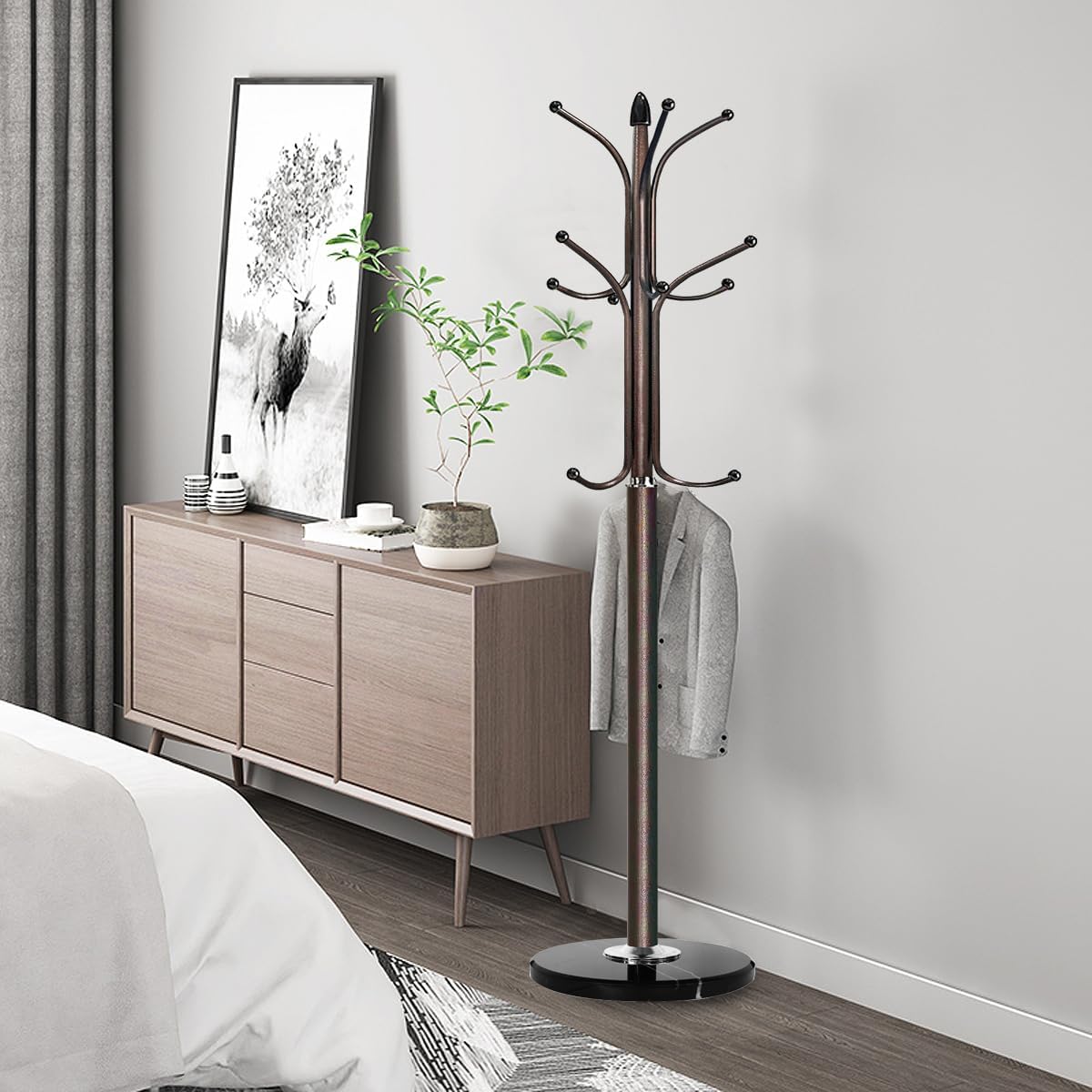 Kertnic Metal Coat Rack Stand with Natural Marble Base, Free Standing Hall Tree with 12 Hooks for Hanging Scarf, Bag, Jacket, Home Entry-way Hat Hanger Organizer (Bronze)