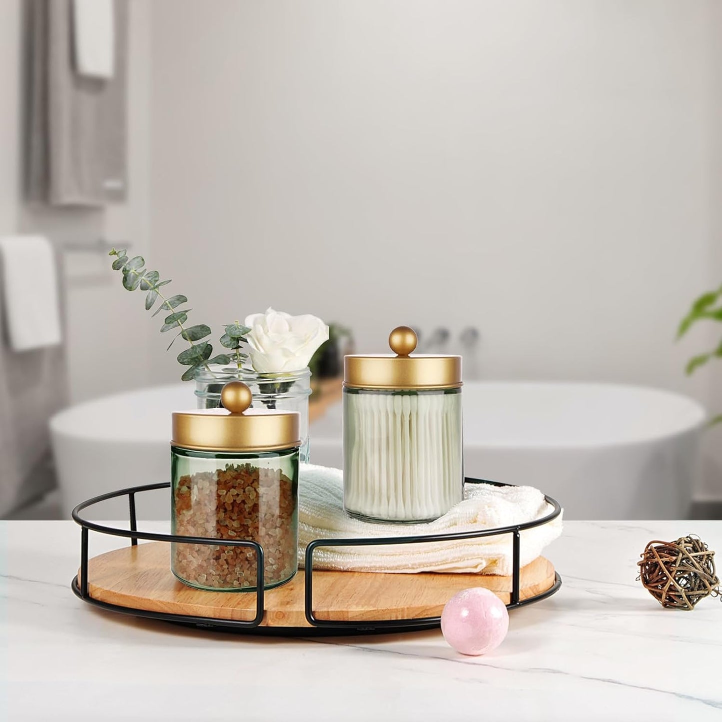 Amolliar Sage Green Glass Apothecary Jar, Qtip Holder Metal Lid & Stickers, Bathroom Qtip Holder Storage Canister, Farmhouse Decor for Cotton Balls, Swabs, Round Pads, Bath Salt, Floss, Gold 1 Pack