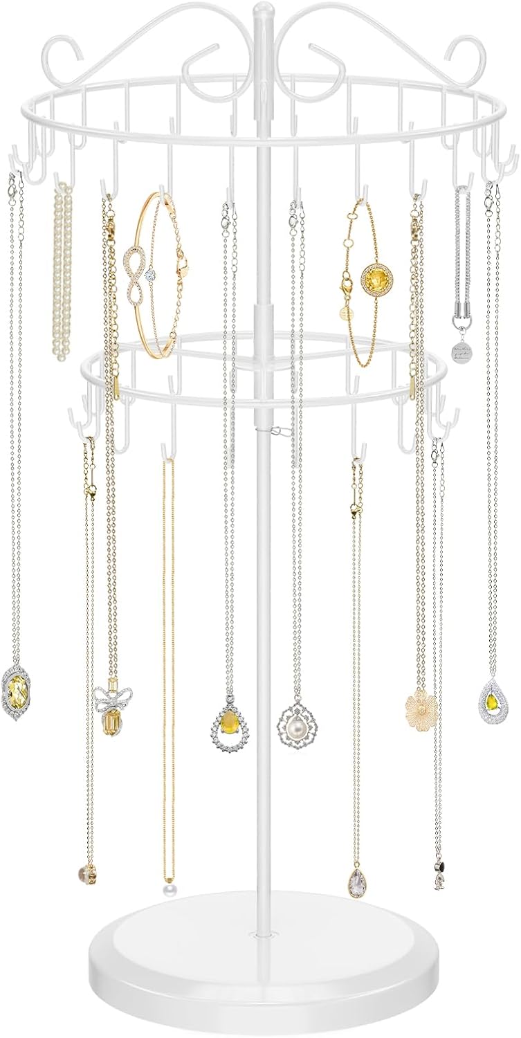 iDavosic.ly 2 Tier Rotating Necklace Holder Organizer with 42 Hooks, Adjustable Metal Bracelet Display Stand Rack, Extra Tall Keychain Spinning Tree Tower for Women, White