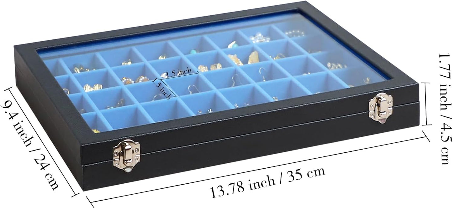 Stratalife Jewelry Organizer 40 Grid Blue Black Jewelry Tray with Clear Dust-proof Lid Velvet Earring Organizer Necklace Rings Holder Display Drawer Storage Case for Women