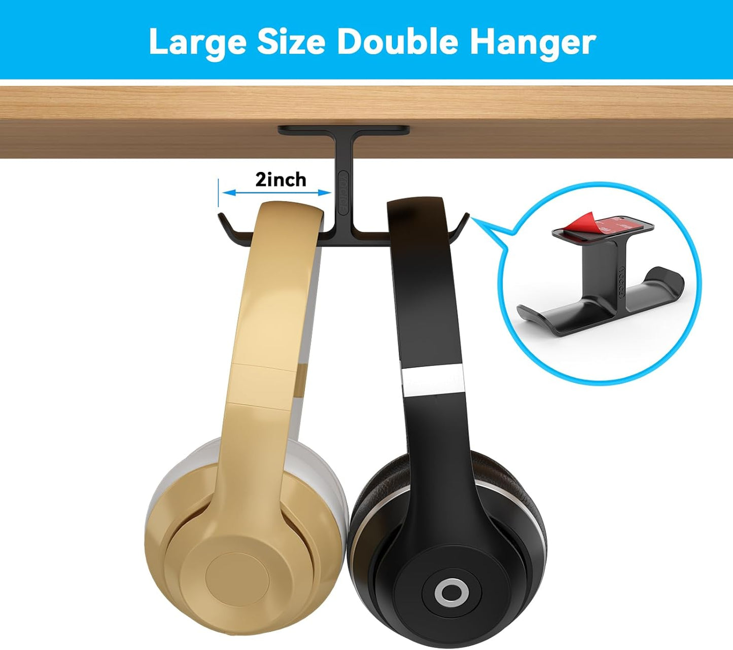 Upgraded Headphone Stand Hanger,Headset Holder Mount, Hook of Double Hanging Design with Strong Adhesive Tape for Headphones,H02U-Black-1PCS(Double Hanging)