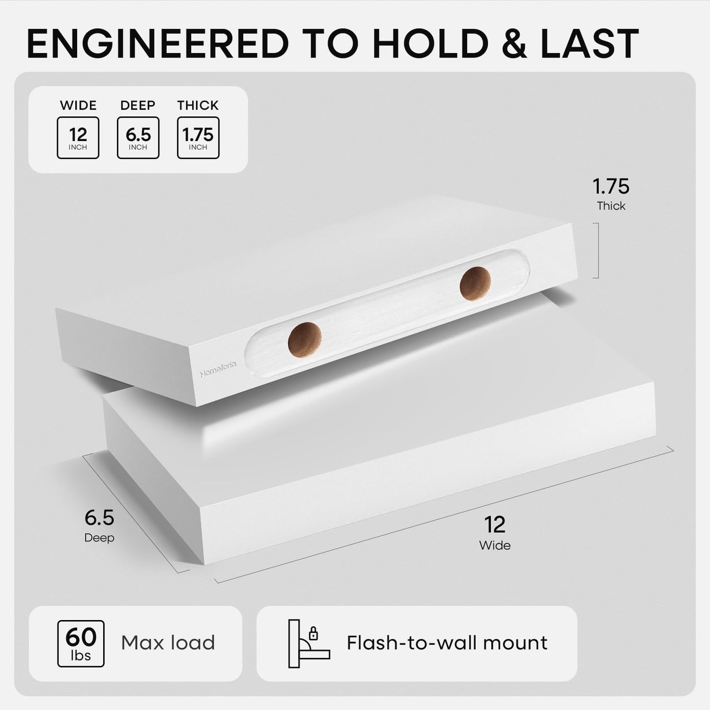 Homeforia White Floating Shelf 12 inch, High End Solid Real Wood Small 12inch Floating Shelves for Wall Mounted, White Wooden 12 in Floating Shelves, Heavy Duty Bracket, 12 X 6.5 X 1.75 inch, Set of 3