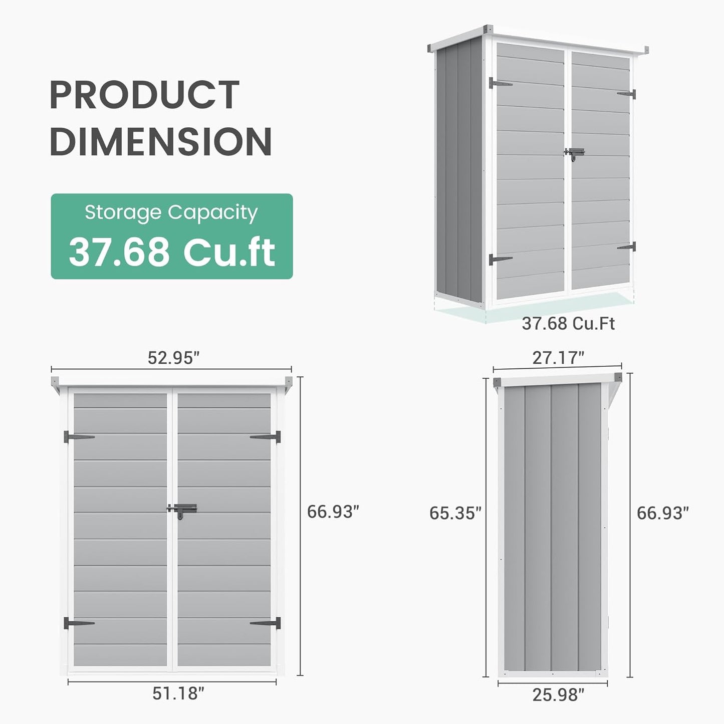 UDPATIO 38 Cu.ft Vertical Storage Shed, 4.3 ft x 5.6 ft Resin Outdoor Shed Waterproof Plastic Storage Cabinet for Garden, Backyard, Lawn, Grey