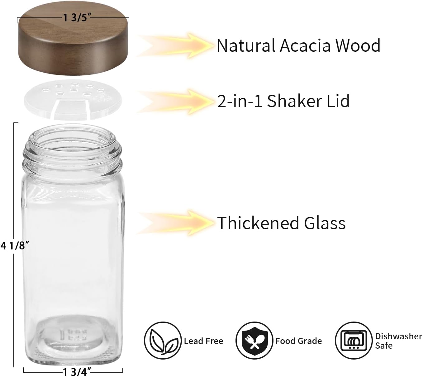 ZEHIQ 30Pcs Glass Spice Jars with Acacia Wood Lids, 4 oz Square Seasoning Containers with Labels, Seasoning Jars with Shaker Lids, Chalk Pen, Funnel, Cleaning Brush, Spice Bottles for Cabinet, Drawer