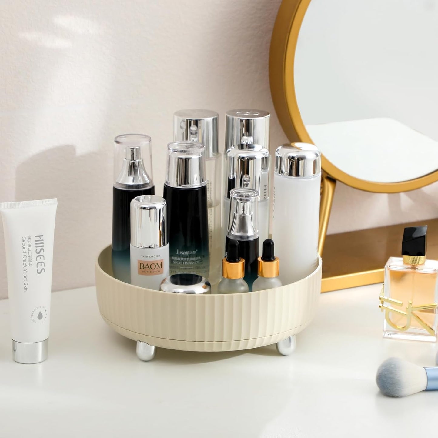 Anyoifax Makeup Perfume Organizer Tray 360 Degree Rotating Lazy Susan Skincare Lotion Organizer Spinning Cosmetics Storage for Dresser, Vanity, Bathroom Countertop, Small Beige