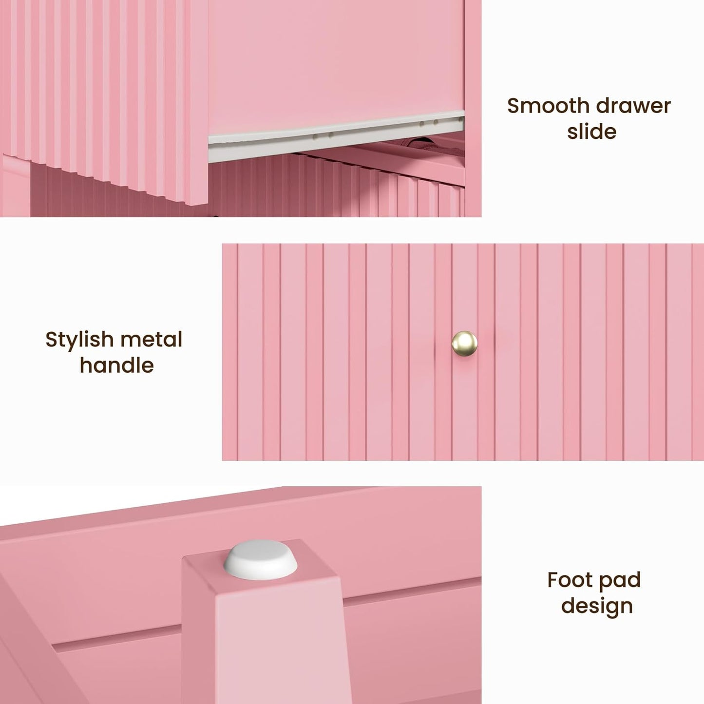 RoyalCraft Fluted 32 inch Wide Nightstand for Bedroom, Large Pink Nightstand with 3 Drawer, Modern End Table, Wood Beside Table for Home and Office