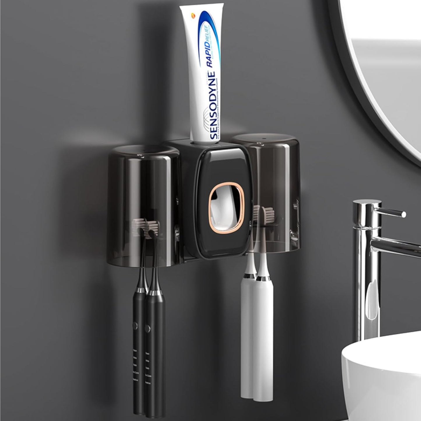 Toothbrush Holders for Bathrooms Toothbrush Holder Wall Mounted Toothpaste Dispenser for Kids Automatic Tooth Brushing Holder Bathroom Toothbrush Holder Set Shower Accessories Sets - Black