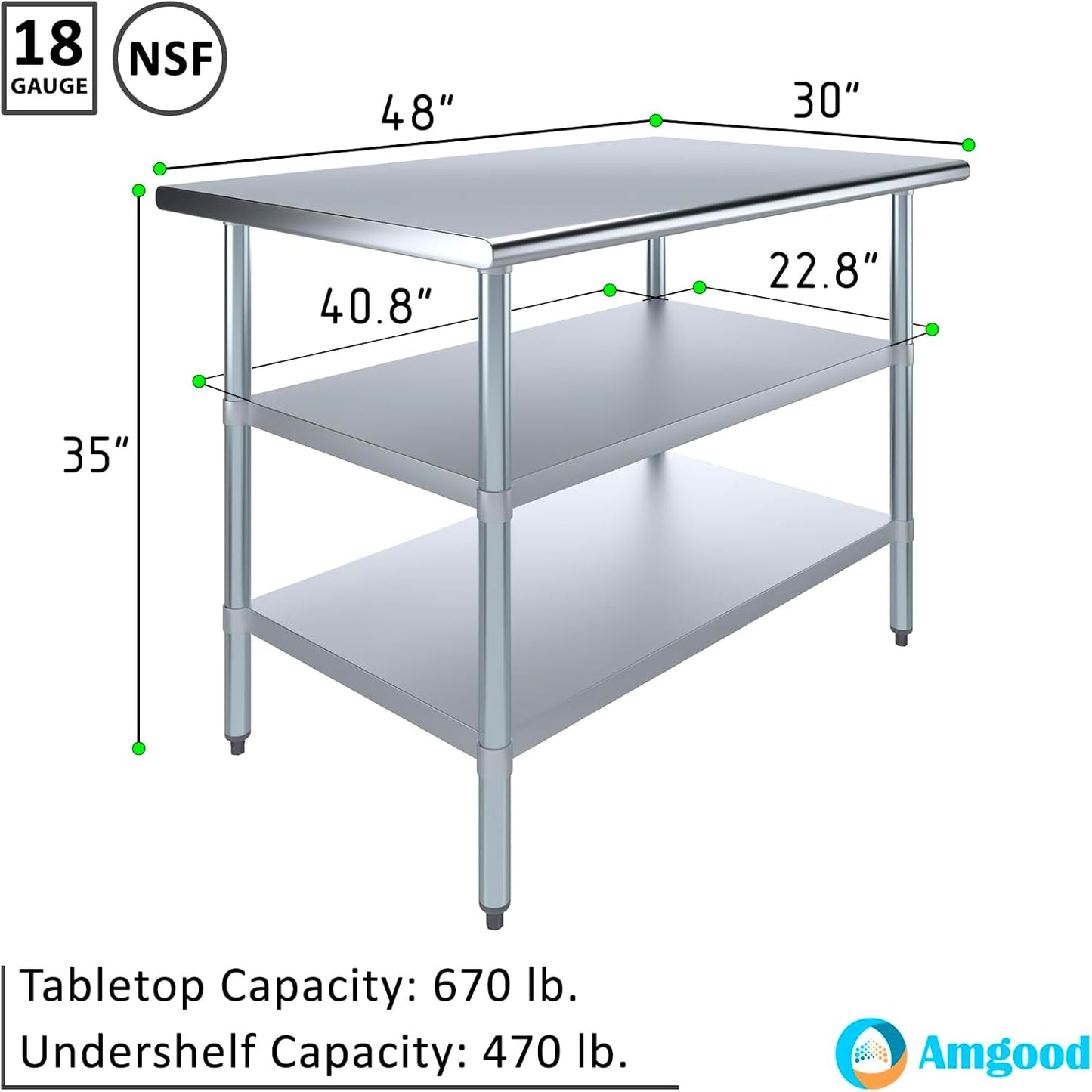 AmGood Stainless Steel Work Table with 2 Shelves | NSF | Metal Utility Table (48" Long x 30" Deep)