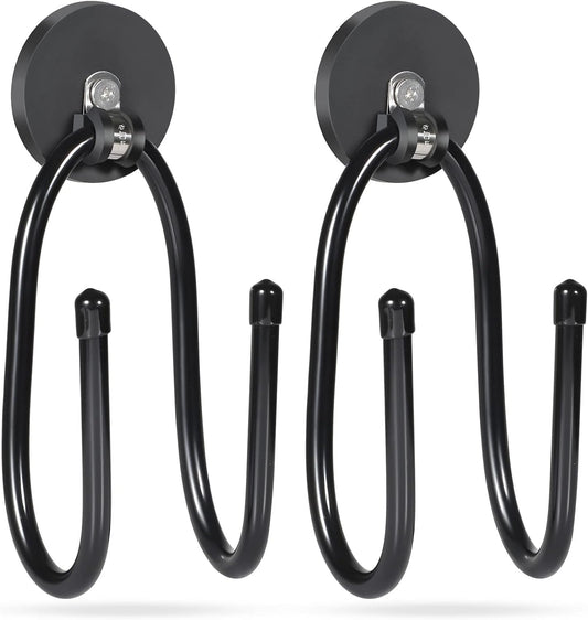 Strong Magnetic Hooks，Heavy Duty Storage Straps Tool Organizer for Extension Cords, Hoses, Cables, Ropes, Drills,Wall Mount for RV and Garage (2 PCS 50 Pounds) (Black-2PCS)