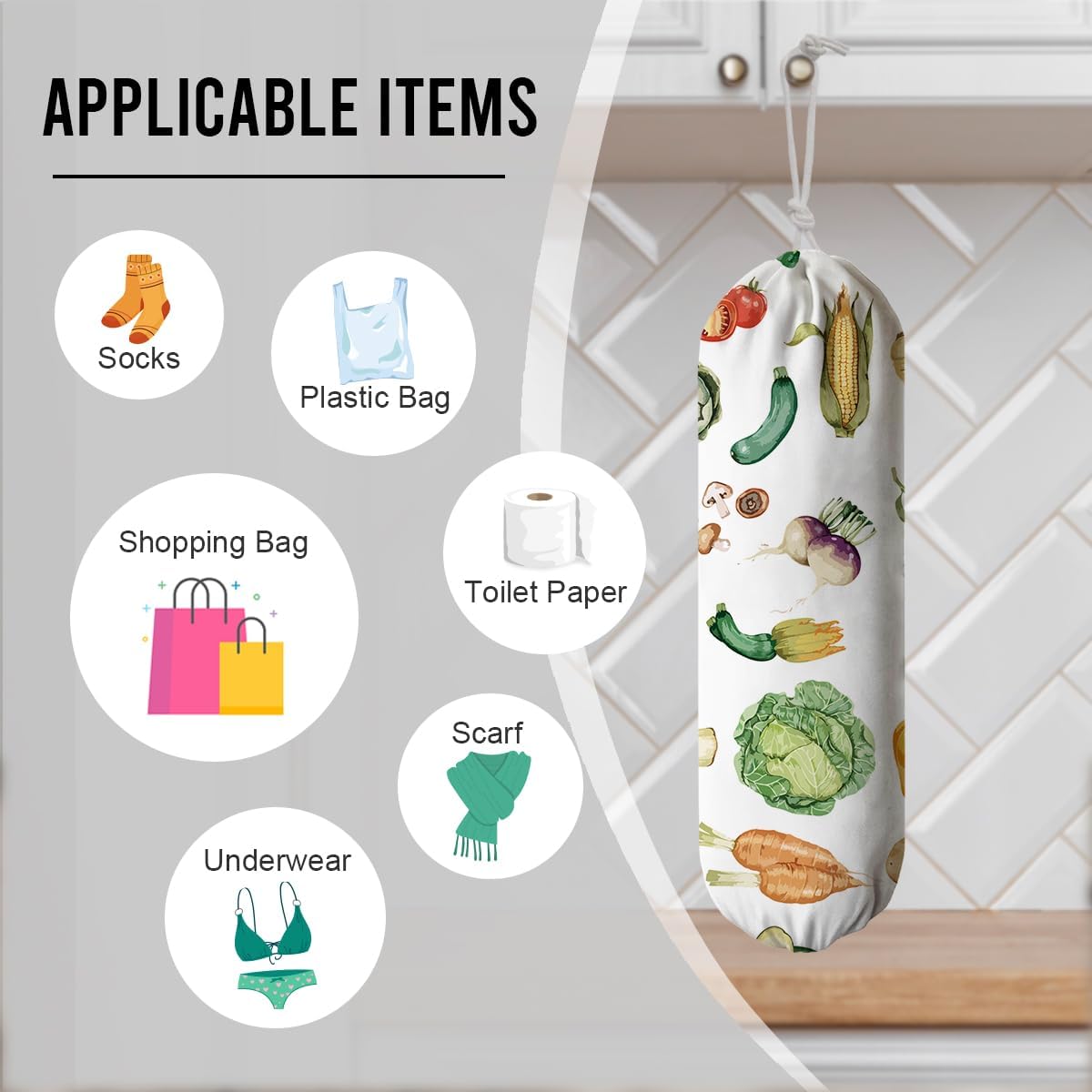 Vegetables Plastic Bag Holder, Grocery Bags Storage Holders, Reusable Shopping Bags Holder Dispenser for Kitchens, Farmhouse Kitchen Decor Gifts for Women, Kitchen Pattern Garbage Bag 47