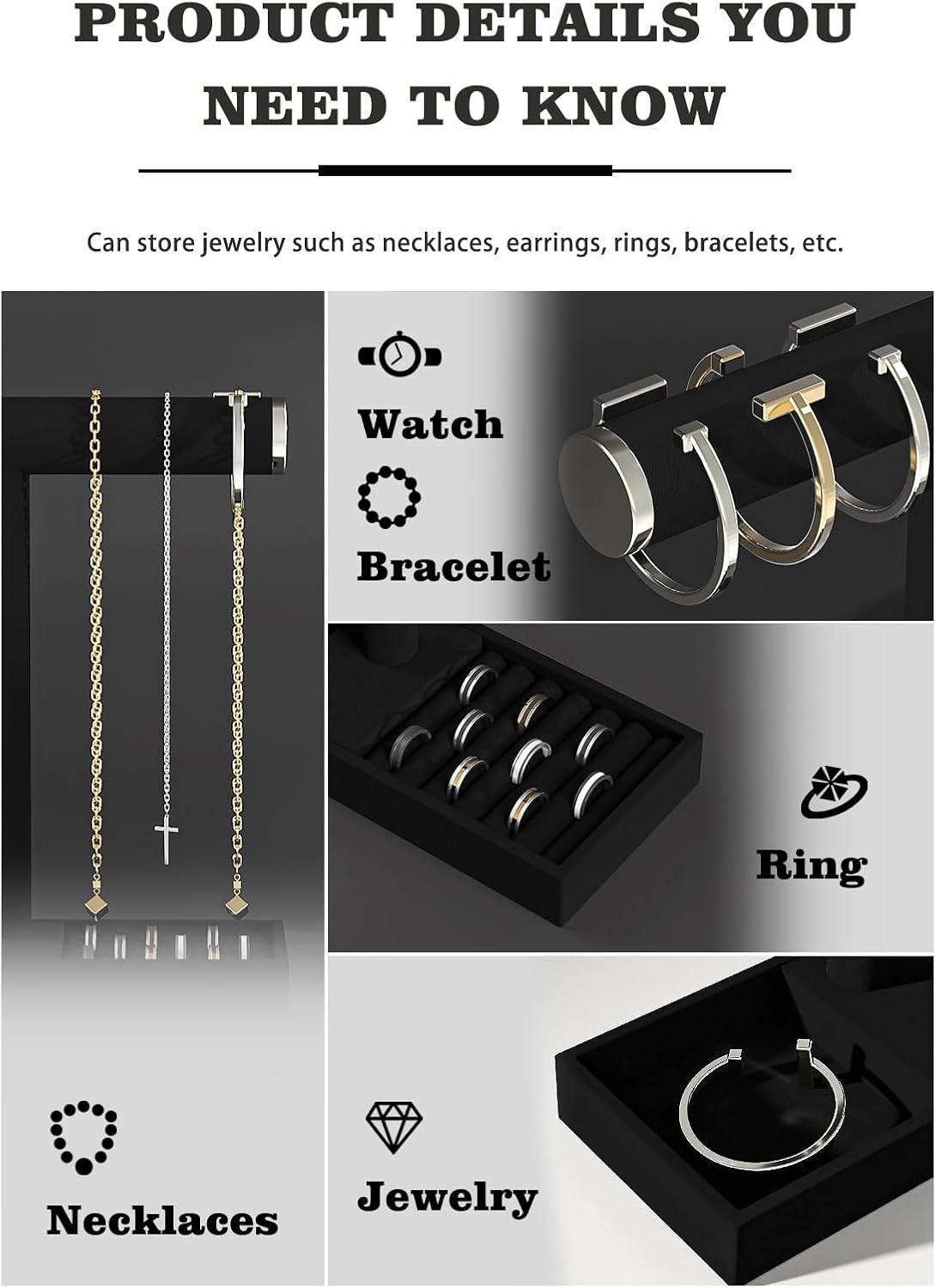 Bracelet and Necklace Holder,Velvet Jewelry Necklace Display Organizer Stand,bracelet Holder for Selling,Bracelet and Necklace Storage Tree (Style 1（Black+ Metal lid）)