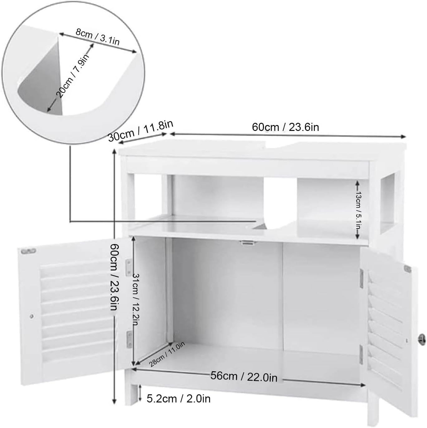 U-Shaped Under Sink Storage Cabinet with 2 Doors & Open Shelf, Freestanding Bathroom Vanity Organizer for Pedestal Sink, Water-Resistant MDF Cabinet for Toiletries & Cleaning Supplies, White