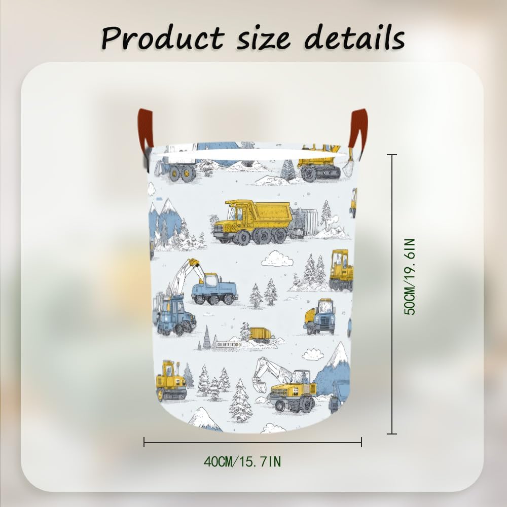 Laundry Baskets 15.7x19.7 Inch Construction Truck Mountain Scene Design Collapsible Laundry Hamper with Handles Oxford Fabric Clothes Storage Bin Foldable Dirty Clothes for Bedroom Bathroom Dorm