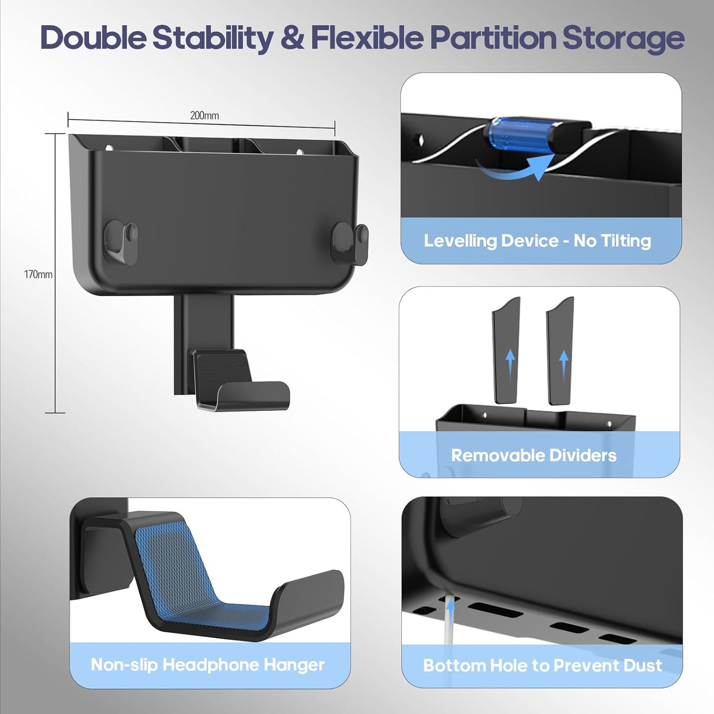 Adhesive Remote Control Holder Wall Mount with Headset Hanger, 3 in 1 Organizer TV/Fan Remote Caddy with Hook for Headphone, No Drill Controller Storage Bracket, Bed Wall Rack for Multiple Remote