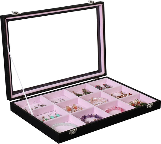 Stratalife Jewelry Organizer Bracelet Earring Holder Organizer Jewelry Drawer Storage Anti Tarnish Bangle Ring Holder Box for Women Girls 12 Grid (Pink Black)