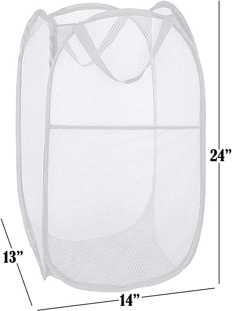 BATTOO Deluxe Strong Mesh Pop up Laundry Hamper Basket with Side Pocket Foldable Hamper for Laundry Room, Bathroom, Kids Room, College Dorm or Travel White + White