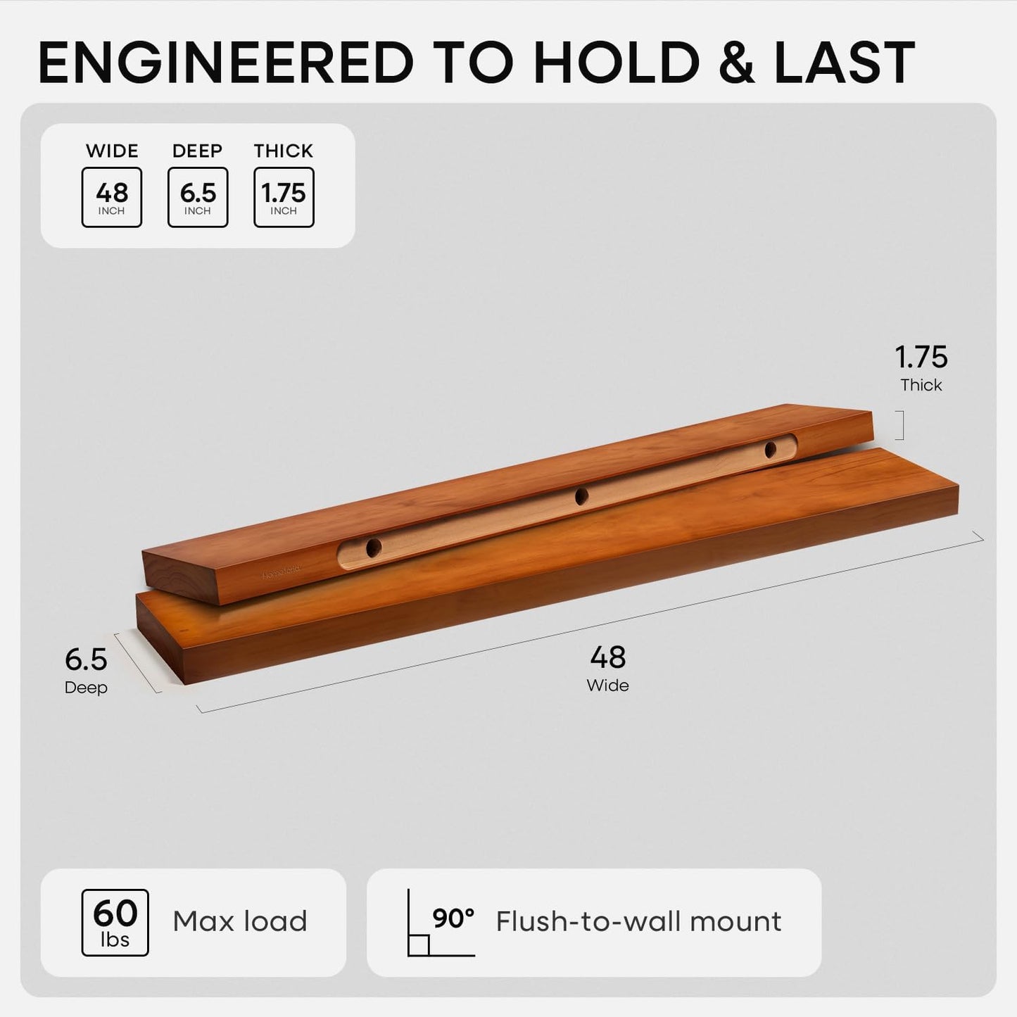 Homeforia 48 inch Oak Floating Shelf, High End Solid Real Wood 48inch Floating Shelves for Wall Mounted, Honey Oak Wooden 48in Large Floating Shelves, Heavy Duty Bracket, 48 X 6.5 X 1.75 in, Set of 2