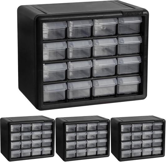 Akro-Mils 16-Drawer Plastic Cabinet for Garage Organization, Beads, Makeup Organizer, Building Bricks Storage, Teacher Toolbox, 10-1/2" W x 6-1/2" D x 8-1/2" H, 10716 Black (Pack of 4)
