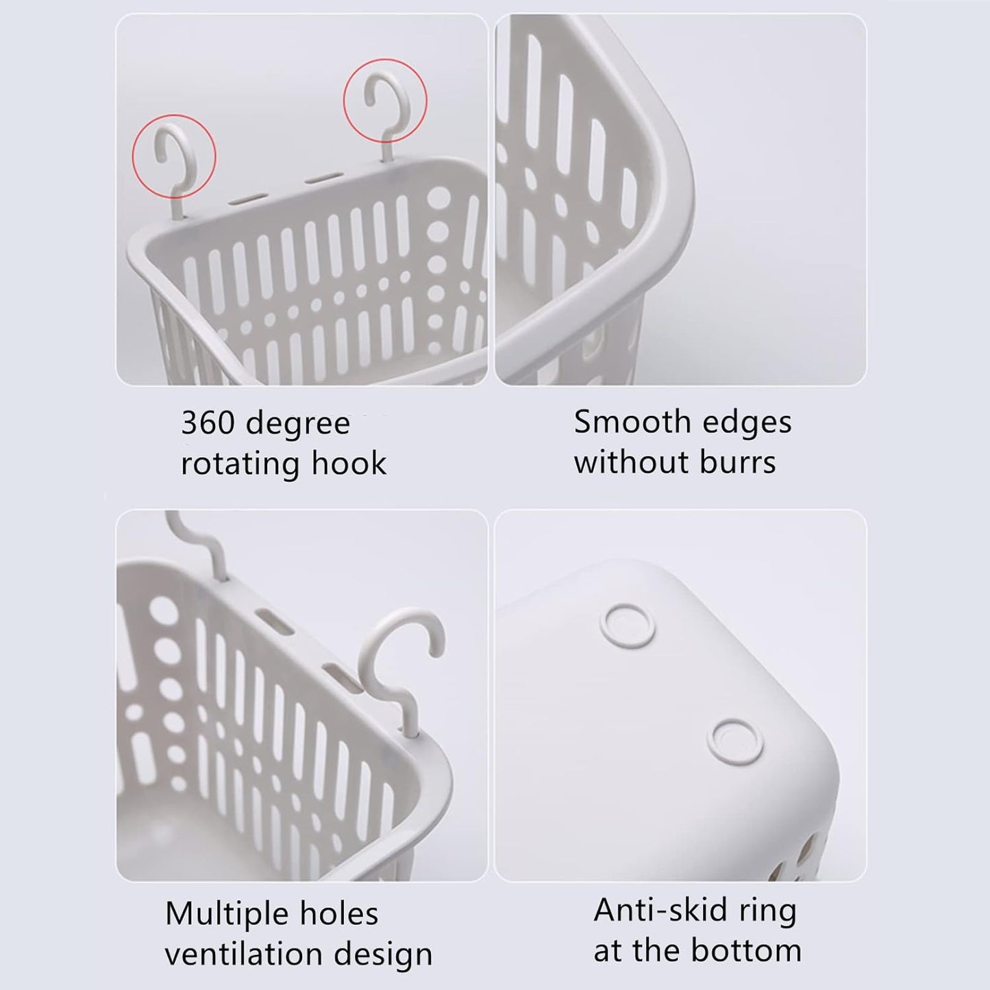 3PCS Plastic Hanging Baskets for Shower, Organizer With Hooks, Rectangle 10.6Inches Small Storage Basket (Beige)