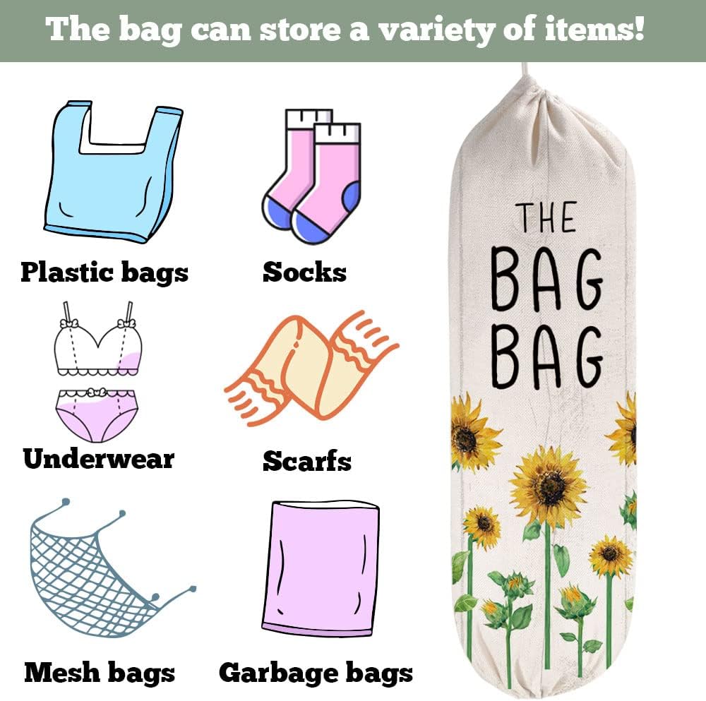 2Pcs Sunflower Plastic Bag Holder for Kitchen Essentials, Reusable Hanging Grocery Bag Organizer, Sunflower Gifts for Women, Washable Large Grocery Trash Bags Storage Dispenser