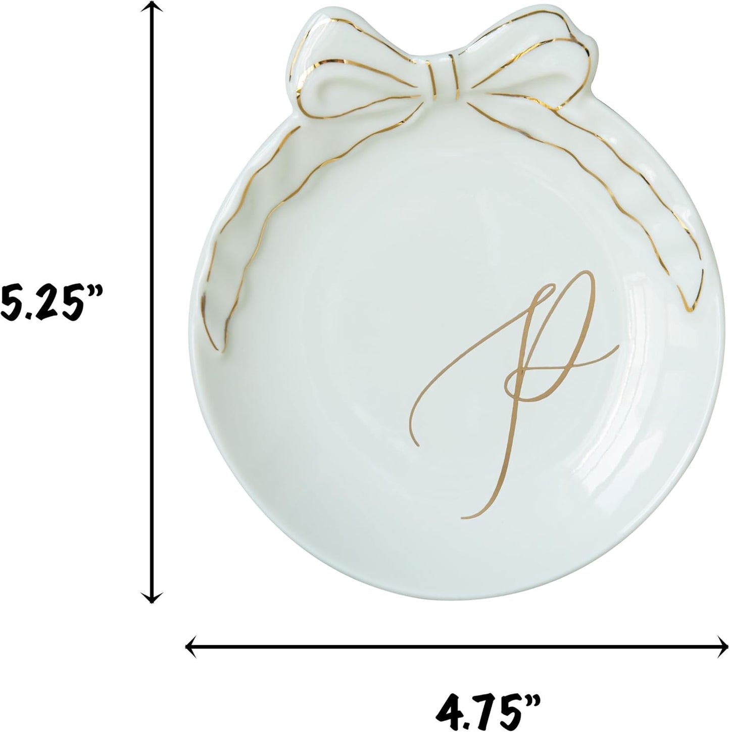 COLLECTIVE HOME - Personalized Initial Ceramic Jewelry Tray with Bow, Christmas Gift Ideas for Women, Small Gift for Girlfriend Wife, Ring Holder, Earrings Dish, Birthday Gift for Her (P)