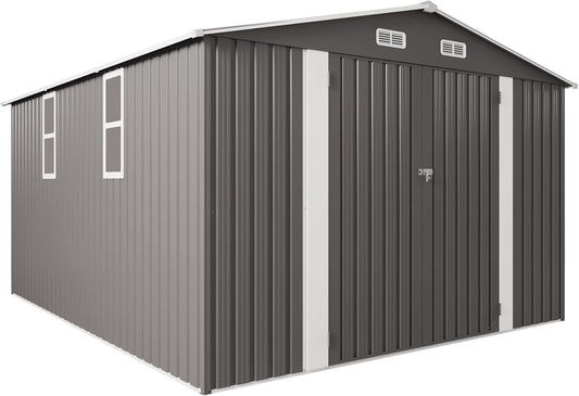 Metal Storage Shed, 10 X 12 FT Lockable Outdoor Tool Shed with Air Vent and Clear Windows, Galvanized Steel Garden Shed for Backyard, Patio, Garden, Bike Storage or Outdoor Use, Grey