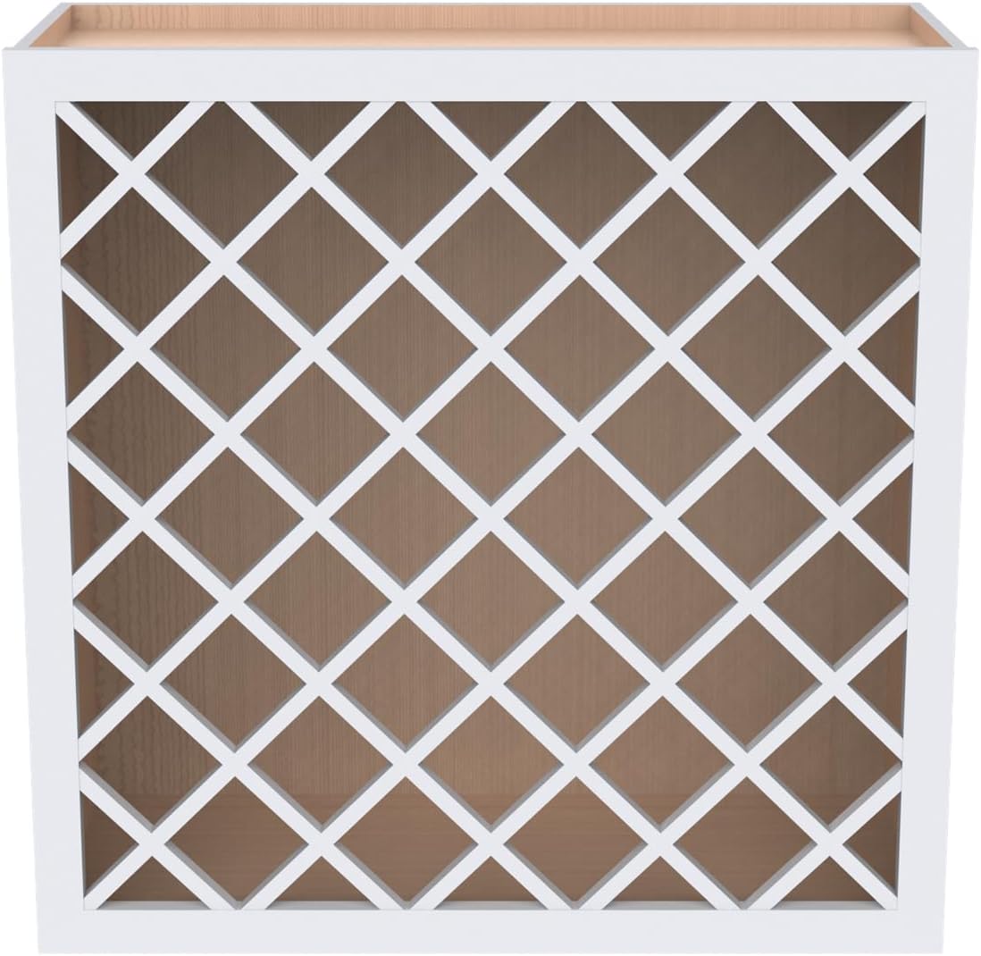 Solid Wood RTA Wine Bottle Rack Wall Cabinet with Lattice Panels - Bottle Holder Storage for Bar, Pantry, or Wine Cellar - Mocha Finish Countertop Solution (White, 24'W 12'D 30'H)