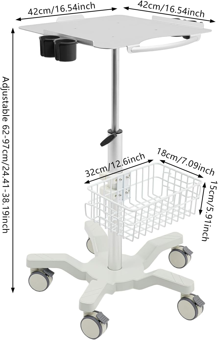 Medical Trolley Cart with Locking Wheels - Height Adjustable Mobile Workstation 24-38 inch,5 Casters Rolling Desktop Cart for Dental Clinic, Salon, Lab & Esthetician