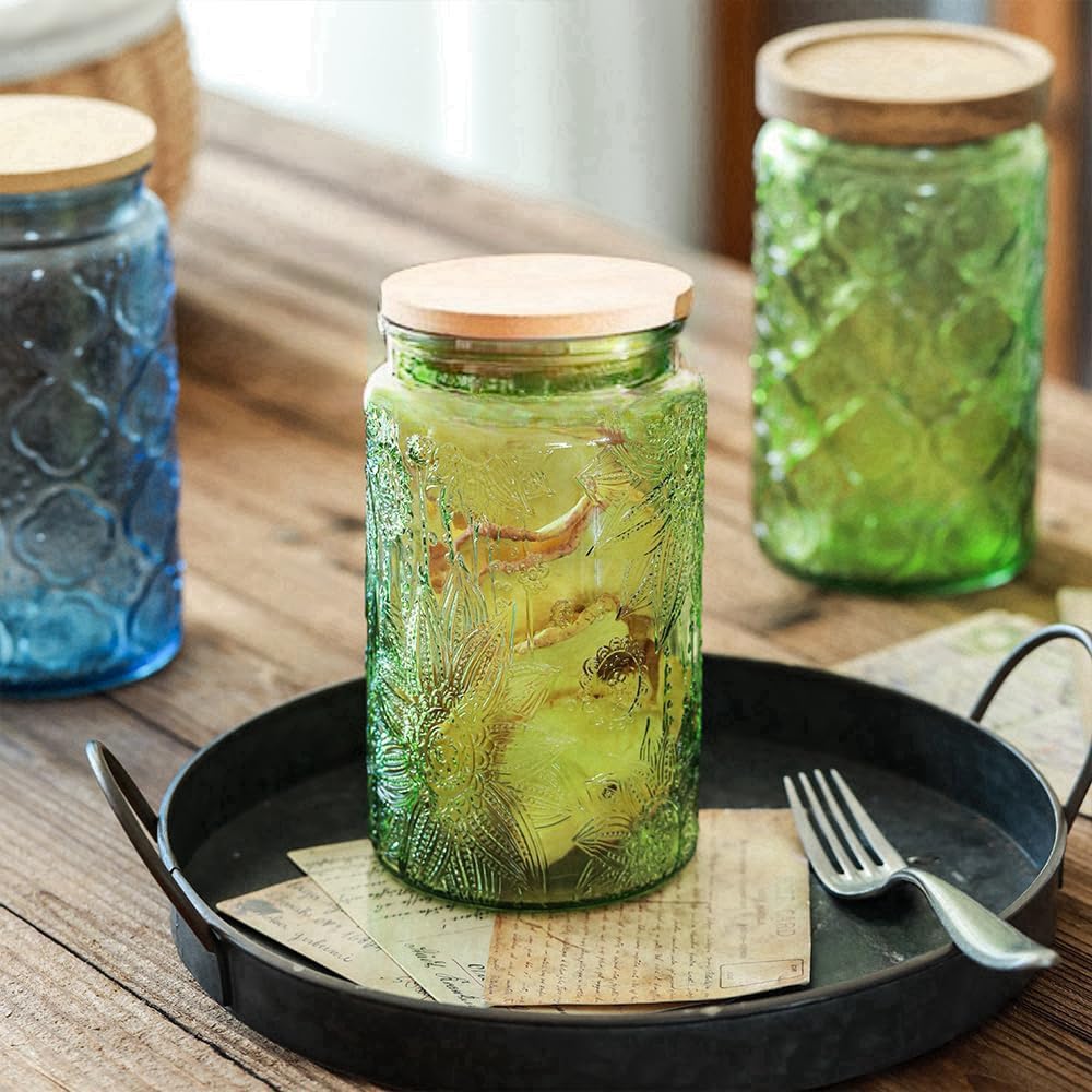 ANSQU Green Glass Canister, 34oz Candy Jar with Lid, Vintage Colored Mason Jars for Kitchen Decorative Jar for Coffee Tea Candy Cookies, Cute Jars (Green, 1 Pack)