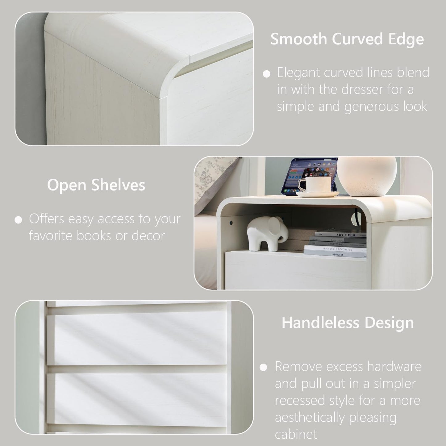 25" Tall Modern Nightstand Set of 2, 23.6'' Wide Wood Bedside Table w/2 Storage Drawers, Charging Station, Mid Century End Table for Bedroom, Living Room,Curved Profile Design, Antique White
