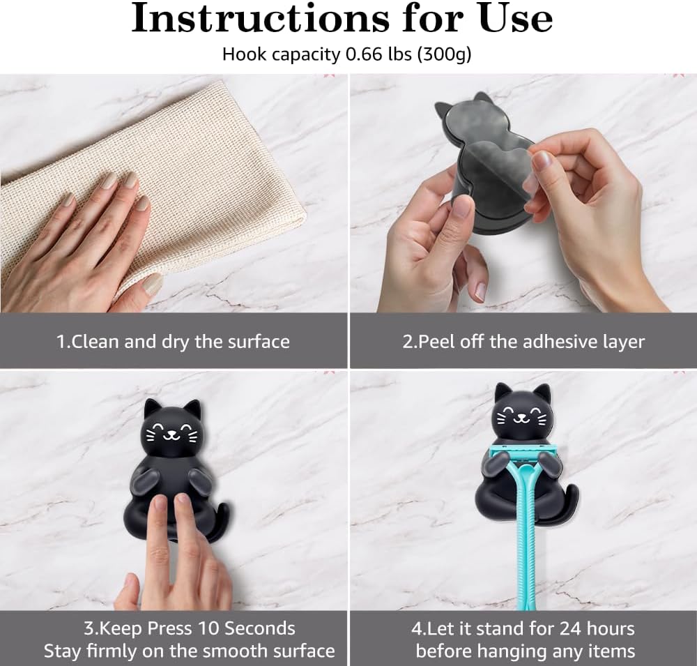 Cute Cat Waterproof Self-Adhesive Shower Hook Set, Funny Black Cat Razor Holder Bathroom Accessories for Men Women Cat Lover, Cat Lover Gifts for Women Men, Black Cat Bathroom Decor