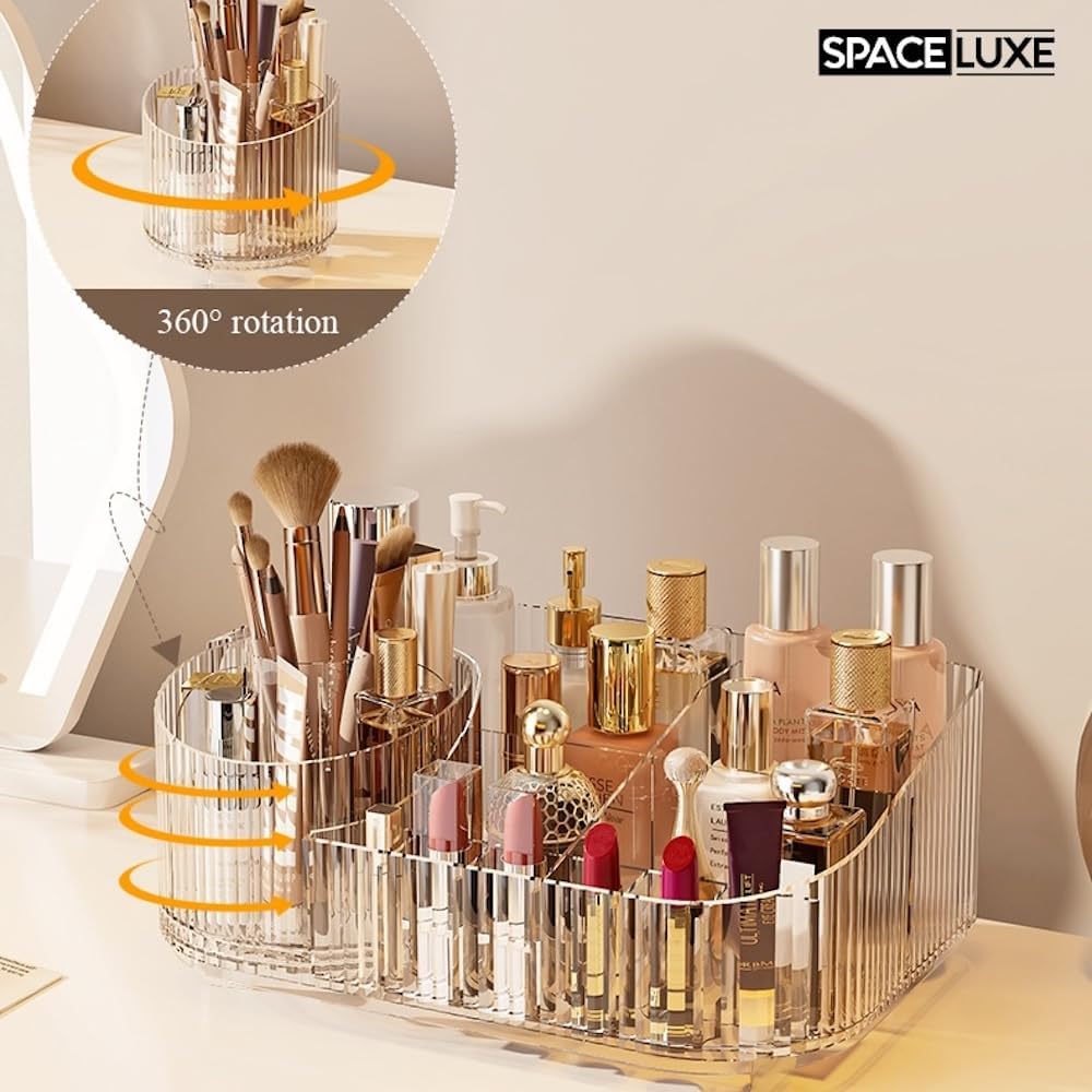 Makeup Organizer with Drawers and 360° Rotating Brush Holder, Large Capacity Cosmetic Storage for Vanity, Skincare, Perfume, Hair Accessories, Lipstick & Jewelry (Clear, 3-layer)