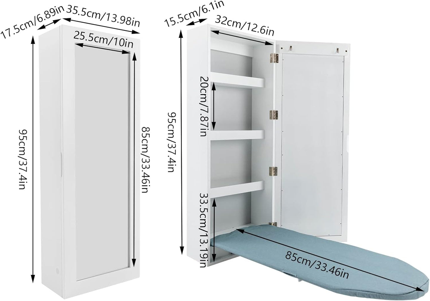 Wall Mounted Ironing Board with Storage Cabinet Built in Swivel Ironing Board with 3Tier Shelf & Dressing Mirror for Home Apartment & Small Spaces